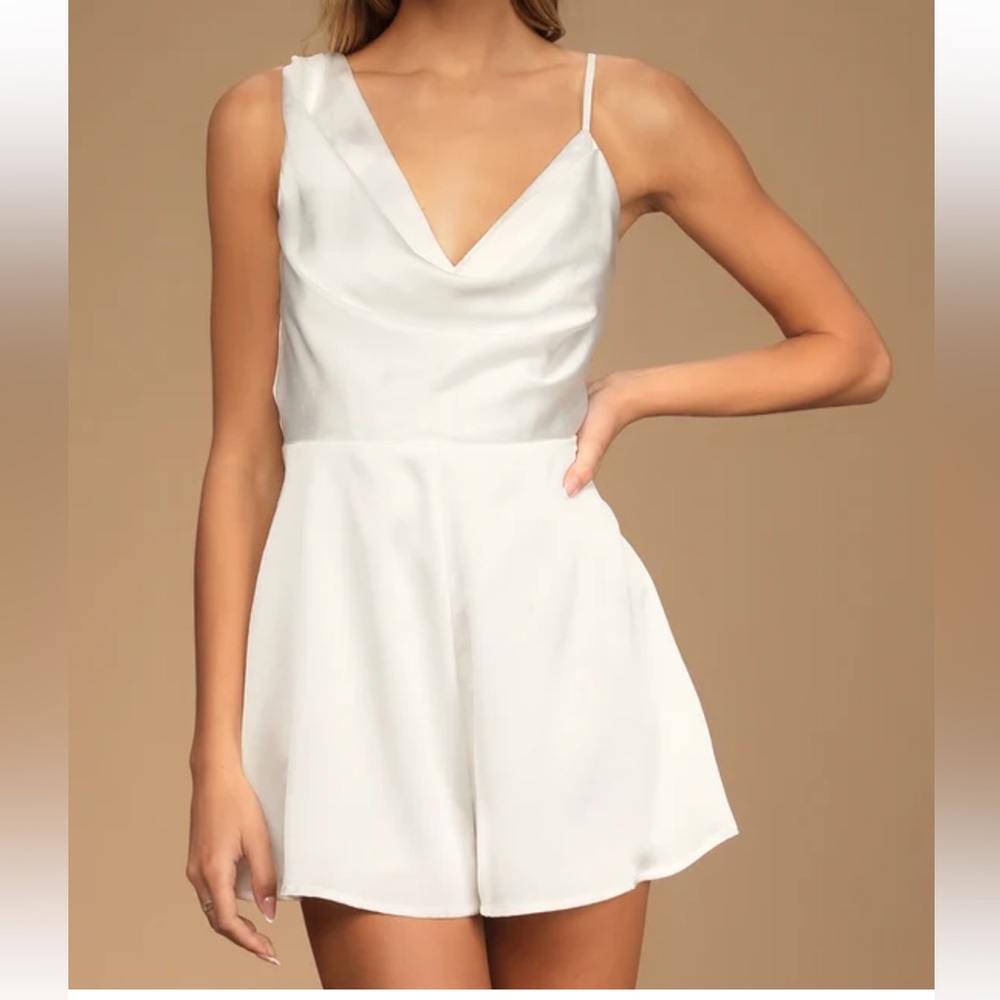 Lulus Likely Lover Ivory Satin Asymmetrical Cowl Neck Romper
